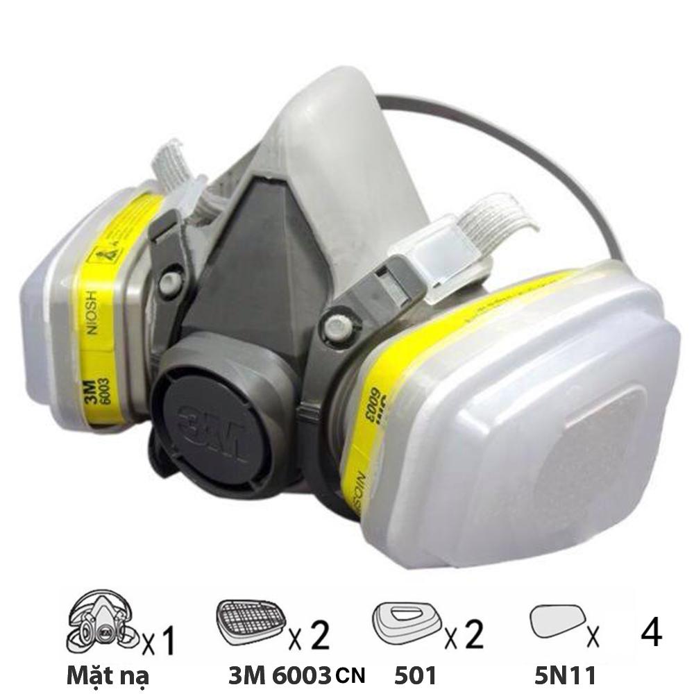 Bộ mặt nạ phòng độc 3M 6200 hoặc 3M 6100 + Phin lọc 3M 6003CN chống khí độc, chống virus, bụi siêu mịn PM2.5, đặc biệt trong môi trường axít, dùng phun sơn, phun thuoc sâu, chống khói đám cháy