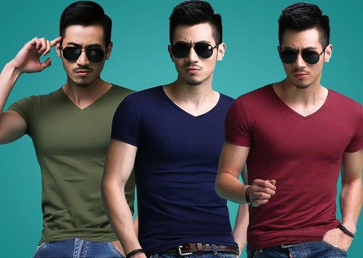 [HCM]Combo 3 áo thun nam body cổ tim mềm mịn thấm hút tốt ( xanh đen xanh rêu đỏ đô )