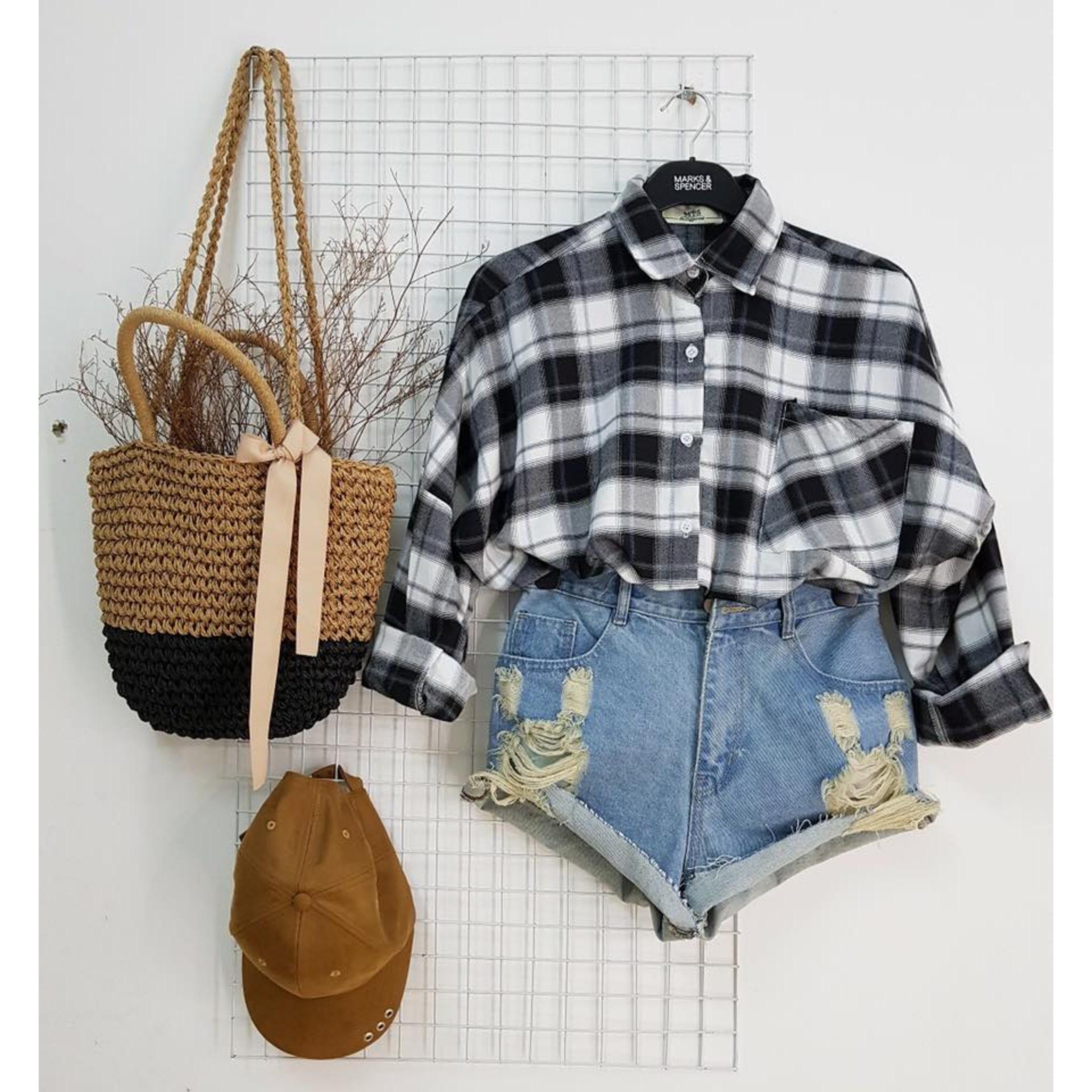 Áo sơ mi sọc Oversize sọc caro Đen-xám-trắng