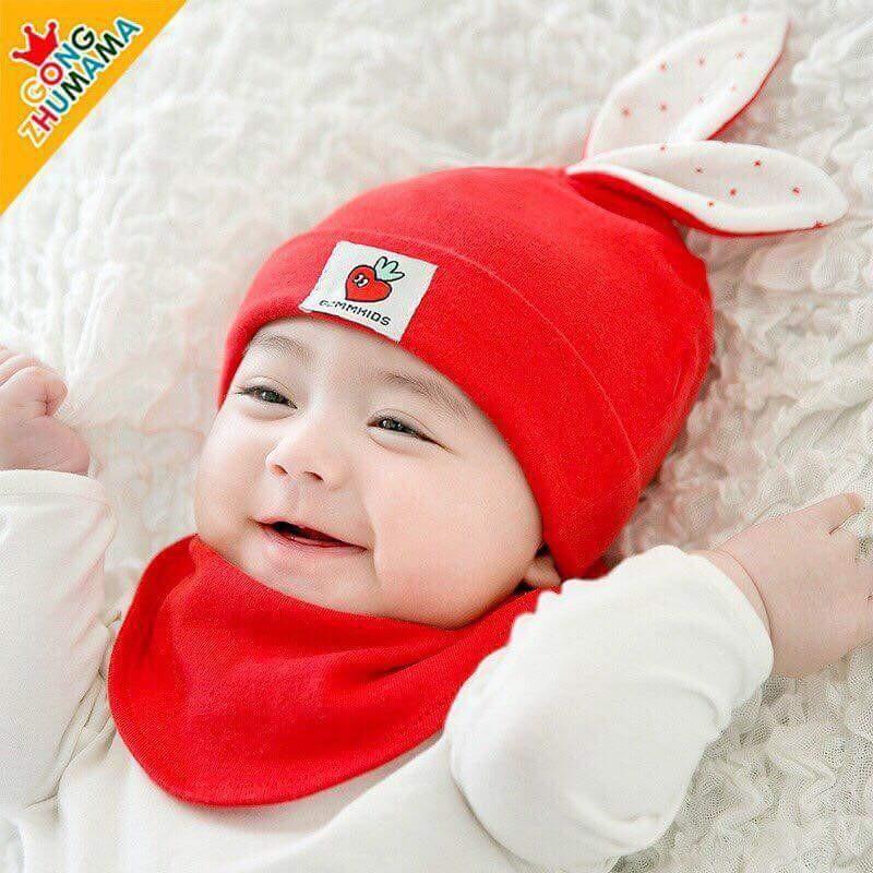 BỘ MŨ KHĂN COTTON TAI THỎ CHO BÉ