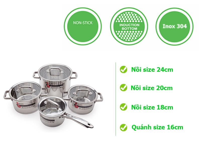 Bộ nồi 4 cái Inox 304 cao cấp, đáy từ 5 lớp size 16 - 18 - 20 -24cm Elmich-2353670