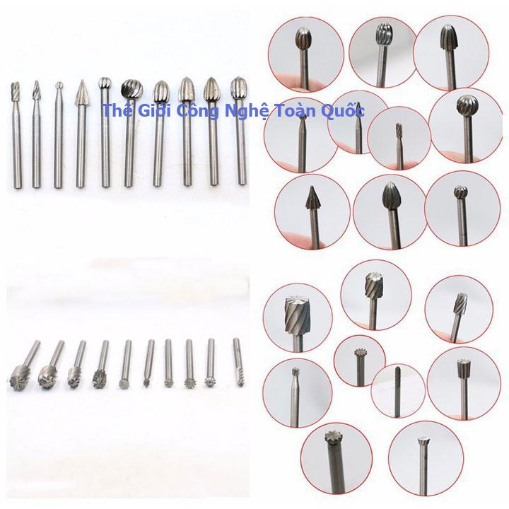 Bộ 10 đầu phay, khoét, tạo rãnh, chạm khắc dùng cho khoan đa năng mini cầm tay - phụ kiện máy khoan mài khắc - đầu mài gỗ - cây mài bằng sắt