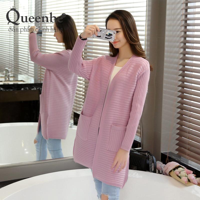 Áo khoác len nữ áo choàng len sọc ngang dài tay queenbe GLA063 Cuocsongvang