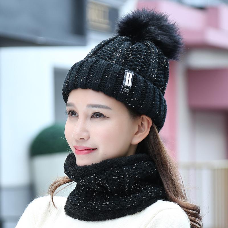 Set mũ len và khăn quàng cổ lót lông cao cấp