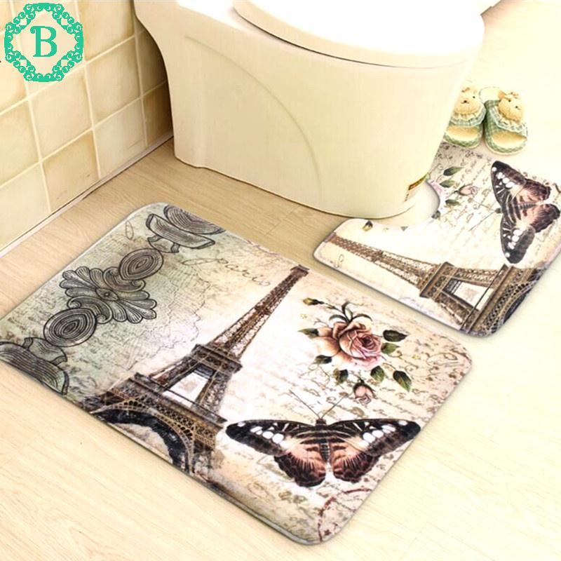 2Pcs Eiffel Tower Pattern Non-Slip Soft Bathroom Toilet Rug Bath Mat Set