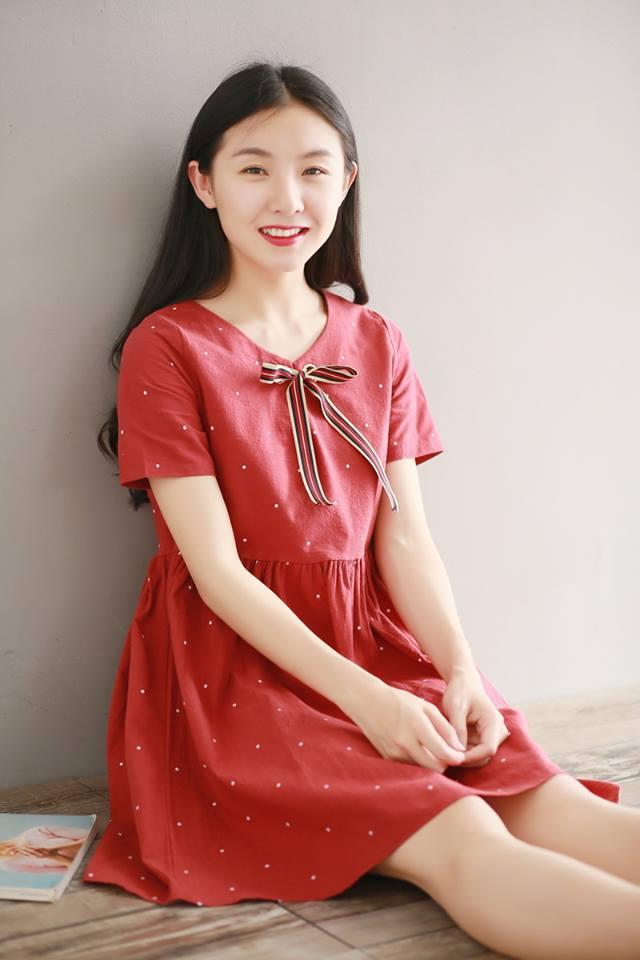 MYC 1174 Váy Bầu Chấm Bi Đỏ Nơ Cổ