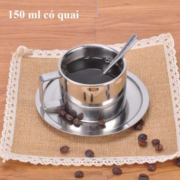 Combo cốc uống coffe giữ nhiệt bằng 2 lớp inox 304, combo gồm cốc + đĩa + thìa