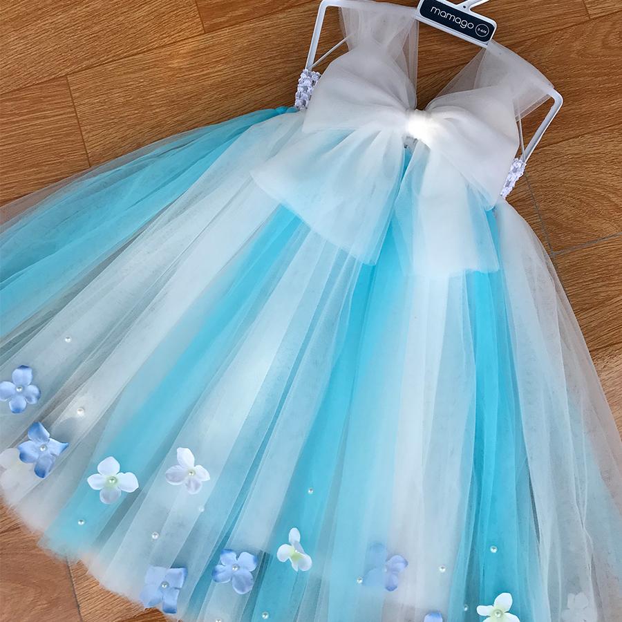 Đầm tutu công chúa xanh trời phối trắng nơ