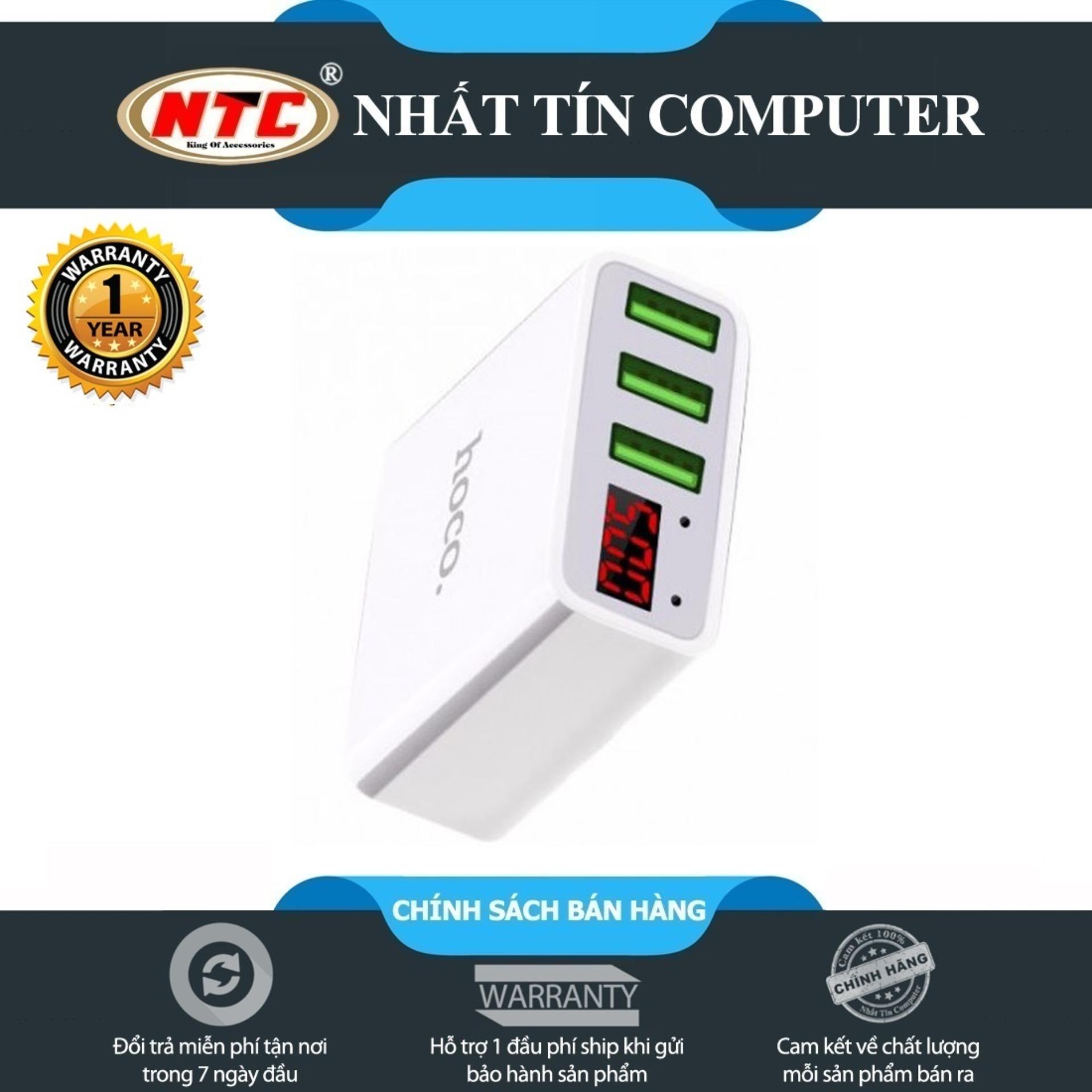 Cốc sạc 3 cổng Hoco C15 3A - màn hình LCD hiển thị điện áp (Trắng)