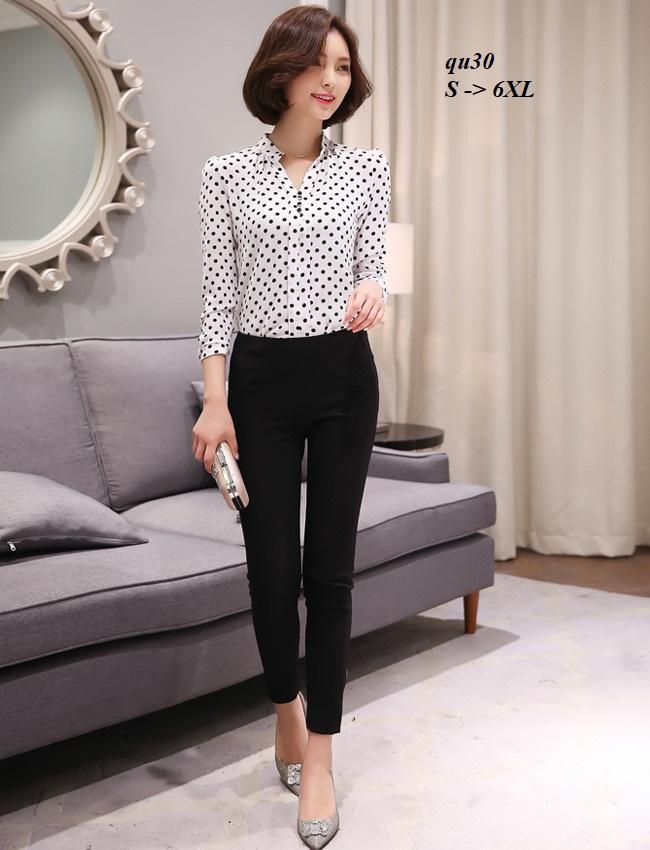 TOP153QU ÁO SƠ MI CHẤM BI CỔ TRỤ