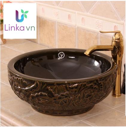 Chậu rửa lavabo gốm sứ nghệ thuật – Hoạ tiết khắc nổi màu nâu đất