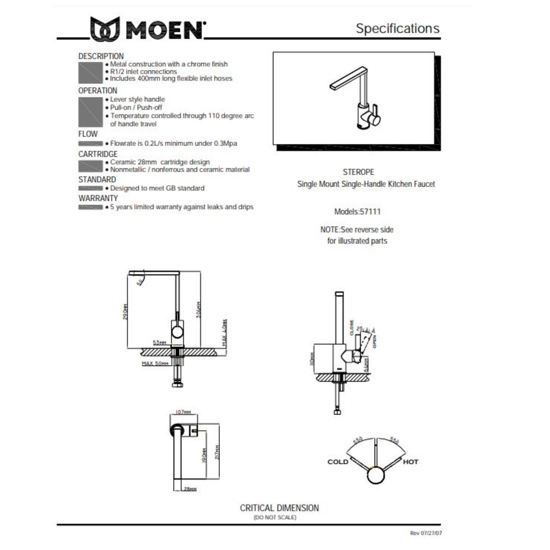 Vòi rửa chén nóng lạnh MOEN Model: 57111