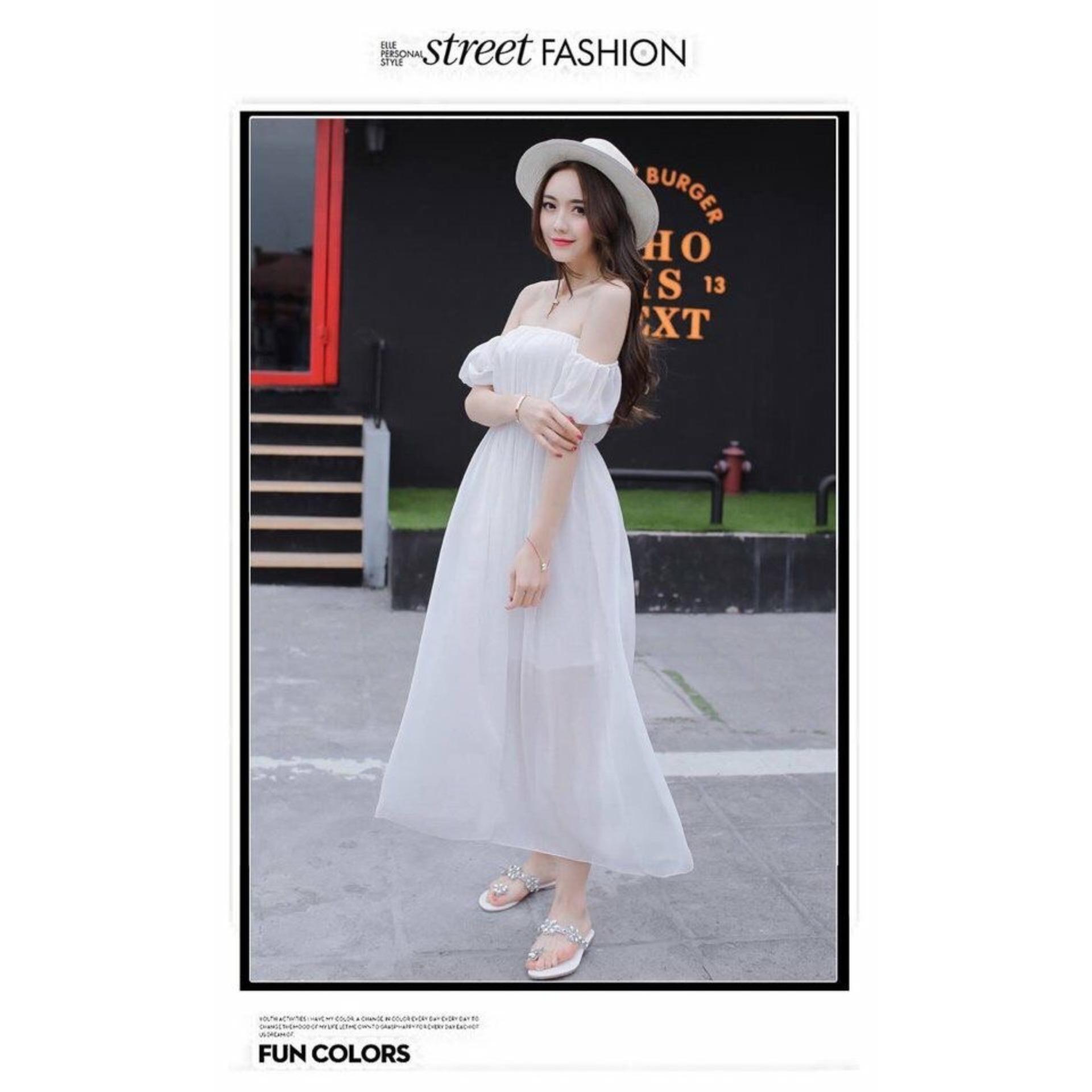 Đầm maxi trắng tay rớt nhúng thun