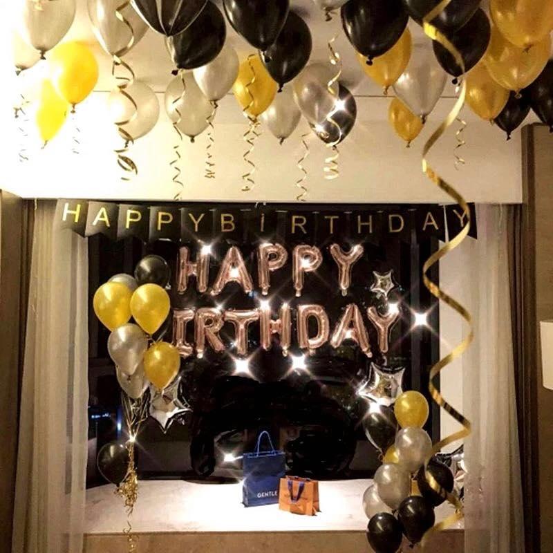 Dây chữ happy birthday bạc + kèm 50 vỏ bóng đen vàng , bạc + kèm bơm tay băng dính