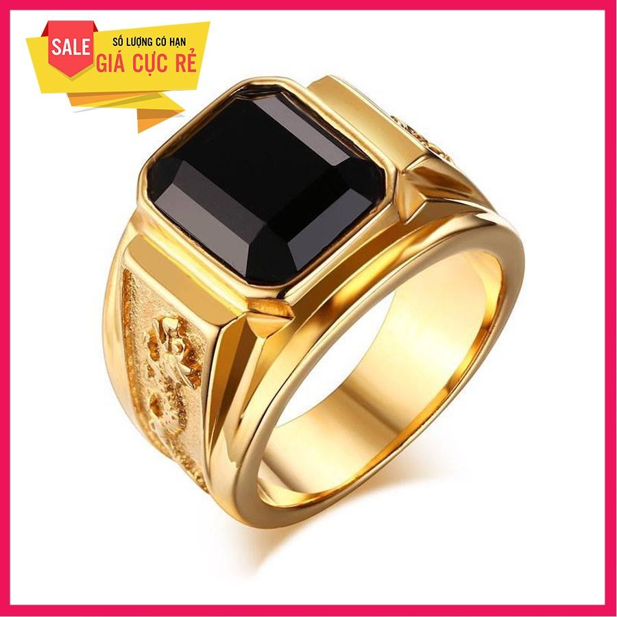 Trang sức nam cao cấp Nhẫn nam bạc Thái mạ vàng rồng mặt đá cao cấp trang sức phong thủy ( đen)