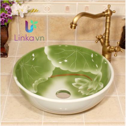 Chậu rửa lavabo gốm sứ nghệ thuật – Họa tiết sen xanh dịu mát