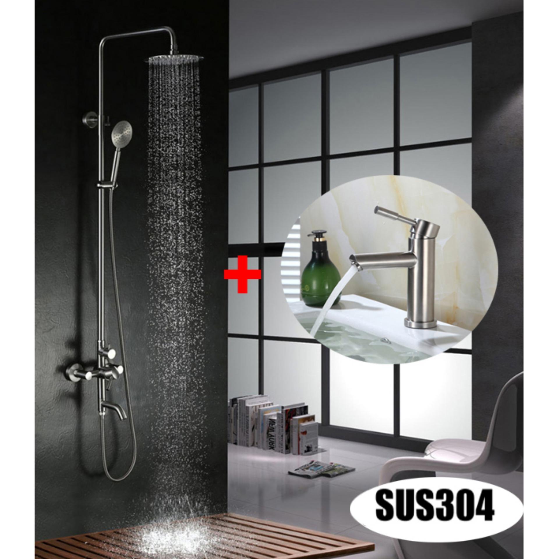 Bộ sen cây tắm nóng lạnh Inox SUS304 tròn dọc 3002 + Lavabo 5007