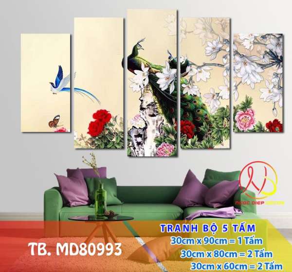 Tranh treo 3D Chim công MD80993- Tranh treo phòng ngủ 3D [5 tấm rộng 2m cao 1,2m]