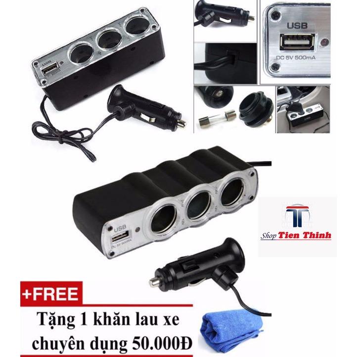 mồi thuốc xe hơi - Bộ chia tẩu sạc oto, xe hơi cao cấp 3 tẩu - 1 cổng USB, Tiện lợi, Sử dụng đa năng, Giá Siêu Rẻ - TẶNG KHĂN LAU XE CAO CẤP