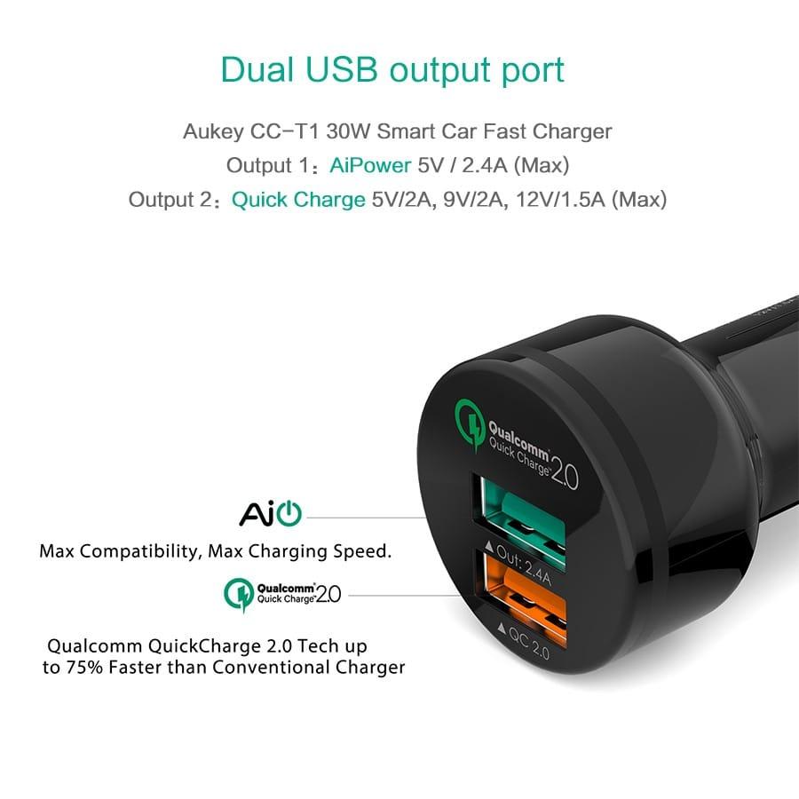Củ sạc ô tô AUKEY CC-Y5 Quick Charge 2.0 Qualcomm Dual USB Quick Car tặng 1 cáp MicroUSB và 1 cáp Type-C 1000000972