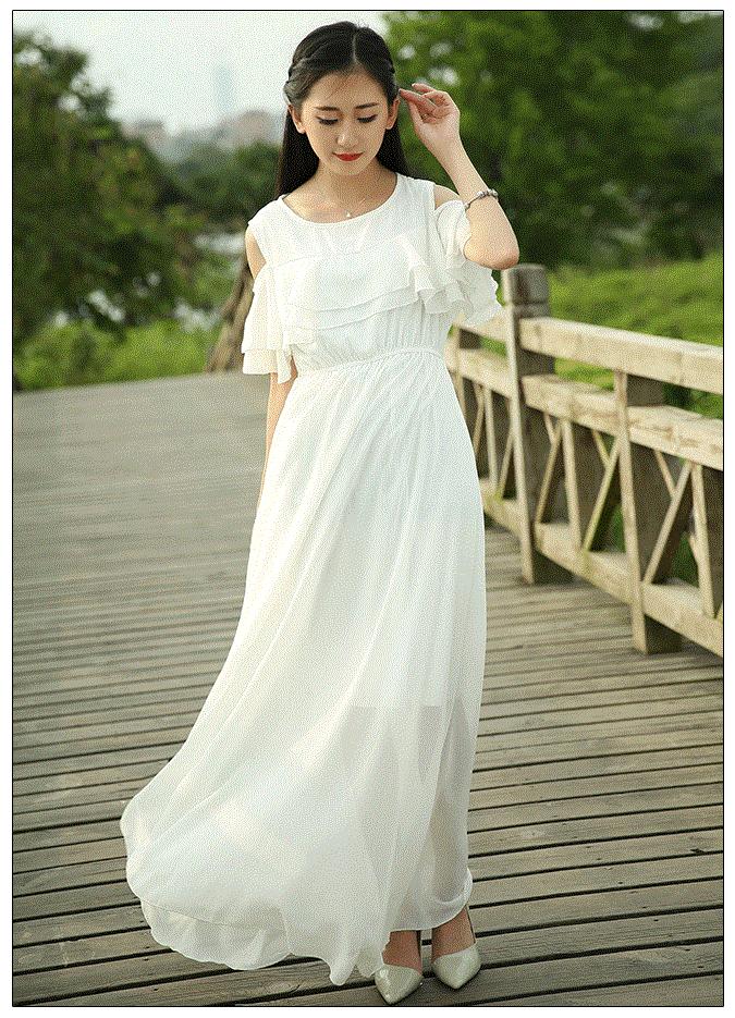 Đầm maxi chifon rớt vai (Trắng)