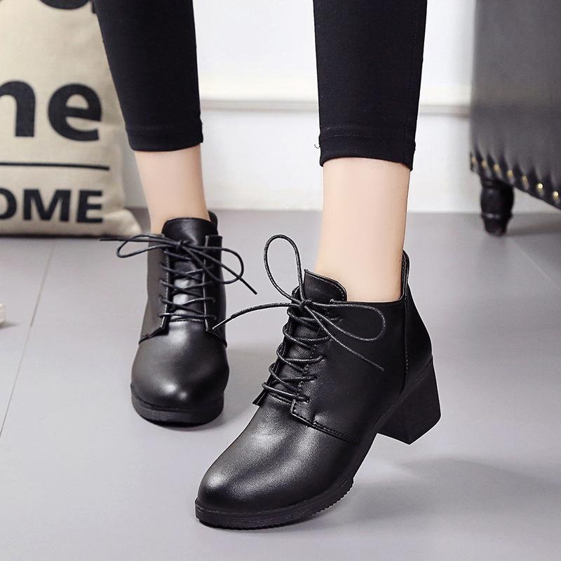 Giày boot nữ cổ thấp đế vuông Lidus HH1829 da Ý cao cấp (Màu đen)