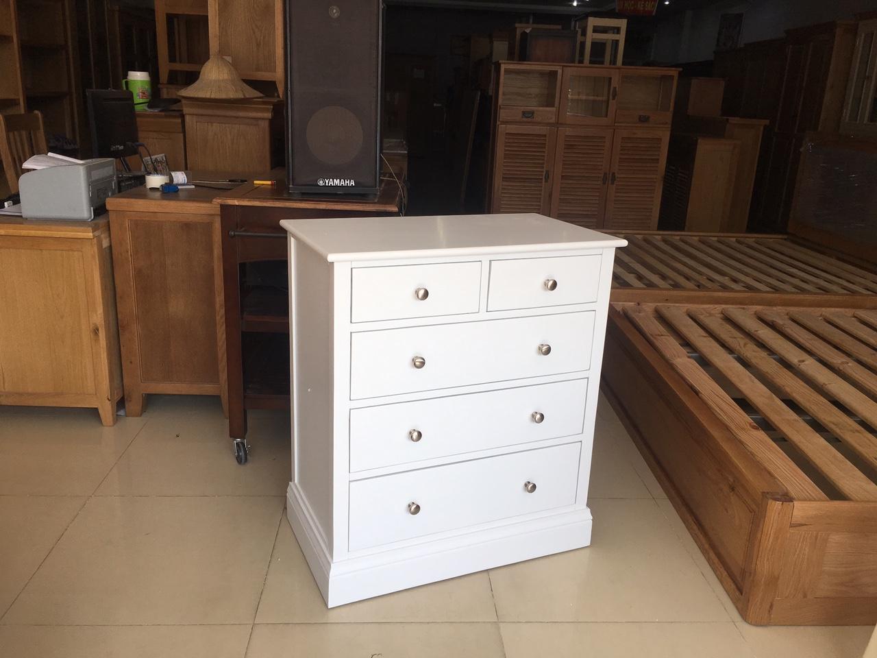 Tủ 5 ngăn kéo gỗ thông sơn trắng KT: 80x45x91cm