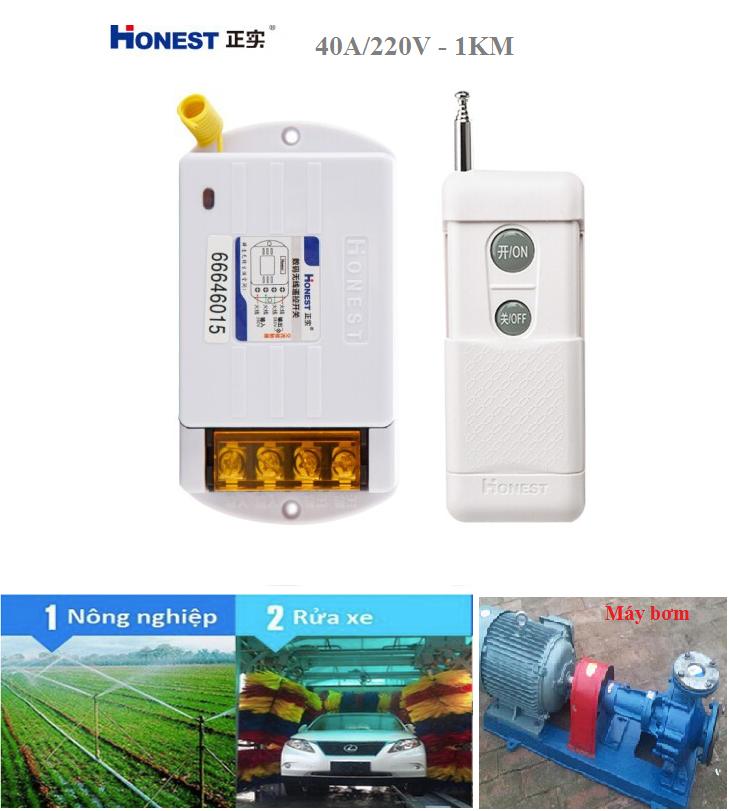 [CÓ HỌC LỆNH]Bộ công tắc điều khiển tắt mở thiết bị điện từ xa công suất lớn Honest HT-6220KG-1 khoảng cách 1KM (40A-220V), công tắc wifi, công tắc bật tắt máy bơm nước từ xa, ổ cắm điều khiển từ xa,