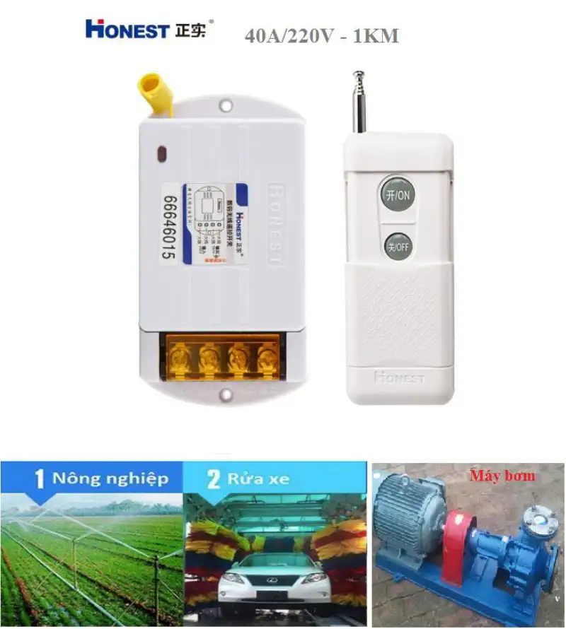 Bộ công tắc điều khiển tắt mở thiết bị điện từ xa công suất lớn Honest HT-6220KG-1 khoảng cách 1KM (40A-220V), công tắc wifi, công tắc bật tắt máy bơm nước từ xa, ổ cắm điều khiển từ xa, ĐIỆN HÀ NỘI