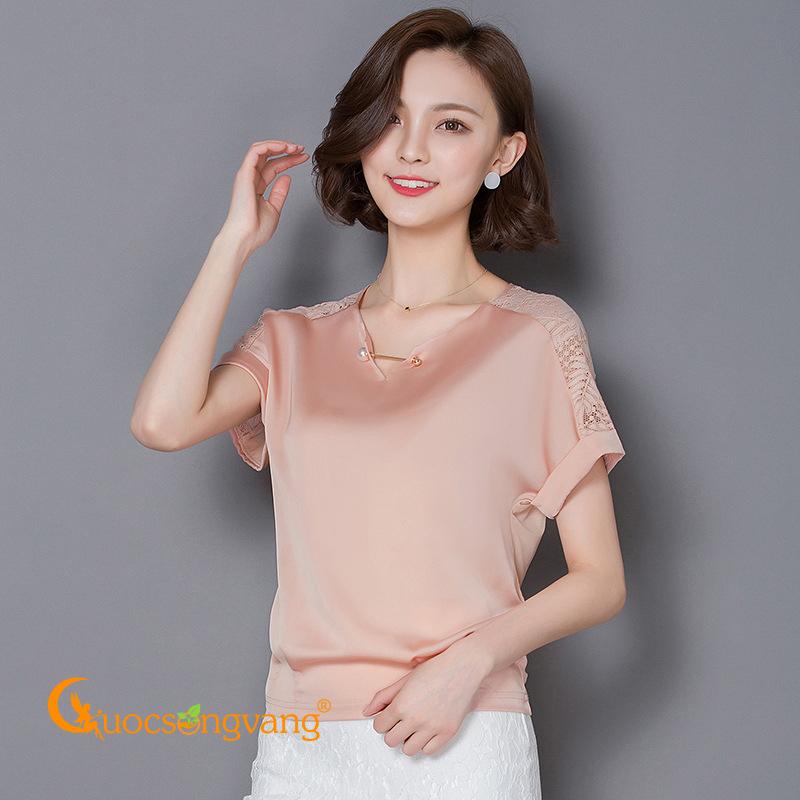 Áo lụa nữ gấu thun cổ v ngắn tay phối ren Queenbe GLA113