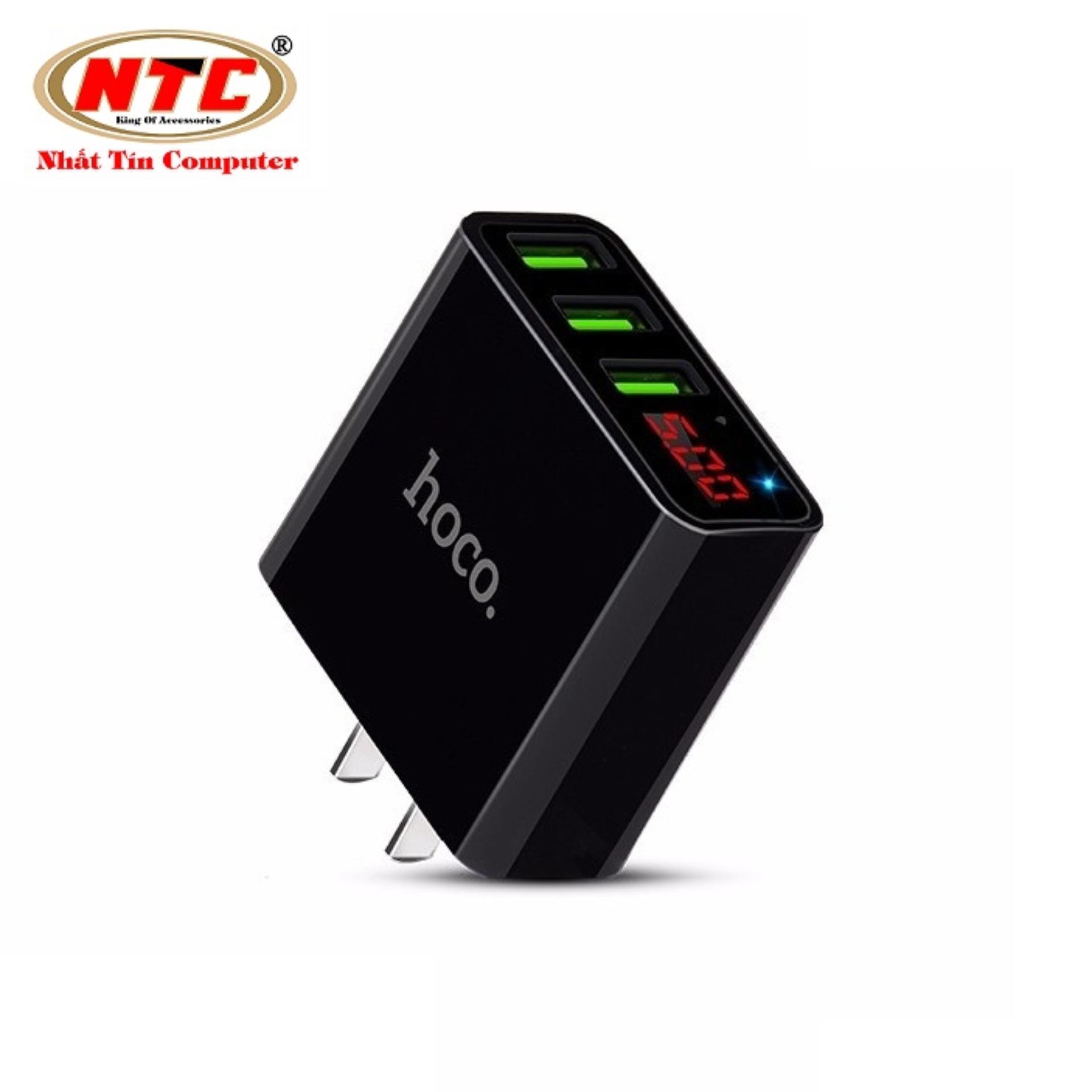 Cốc sạc 3 cổng Hoco C15 3A - màn hình LCD hiển thị điện áp (Đen) - Nhất Tín Computer