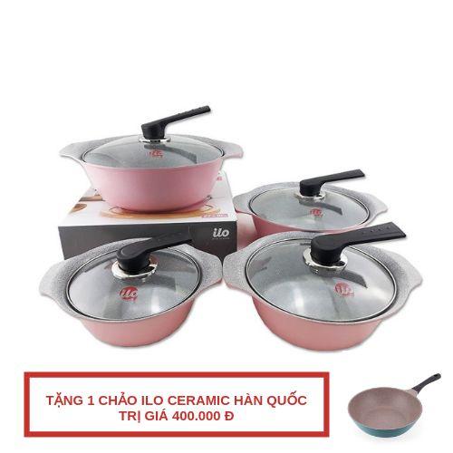 Bộ nồi đáy từ ILO HÀN QUỐC hợp kim phủ sứ ceramic tặng 1 chảo Ilo ceramic