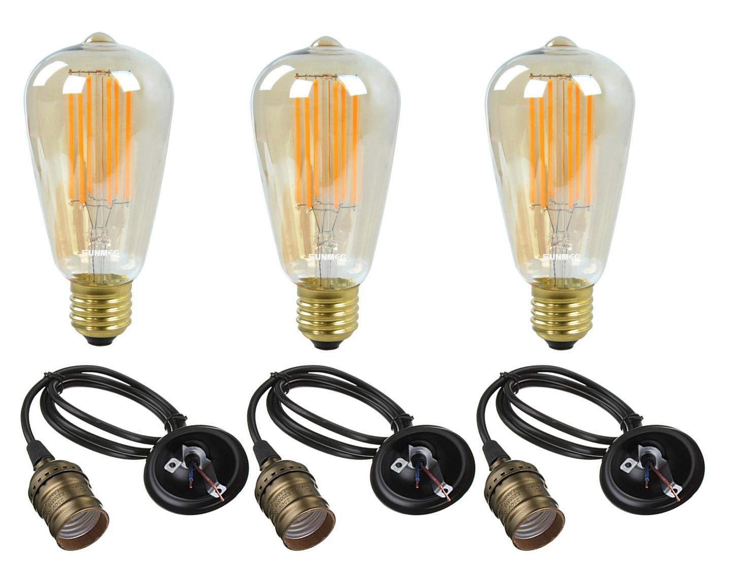 Bộ 3 bóng đèn led edison vintage t64 4w & dây đui đèn e27 220v - ánh sáng vàng