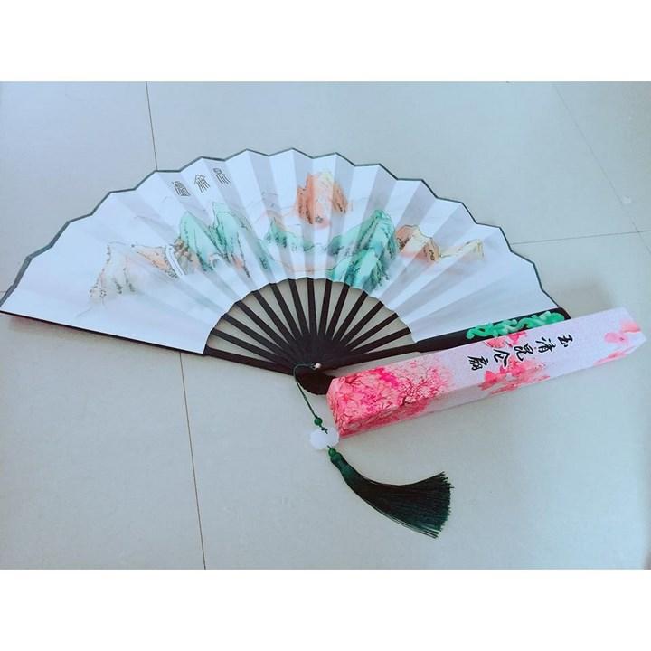 (Có sẵn) Quạt ngọc thanh côn luân phiến bản lụa kèm hộp quạt tam sinh tam thế quạt xếp cầm tay phong cách Trung Quốc