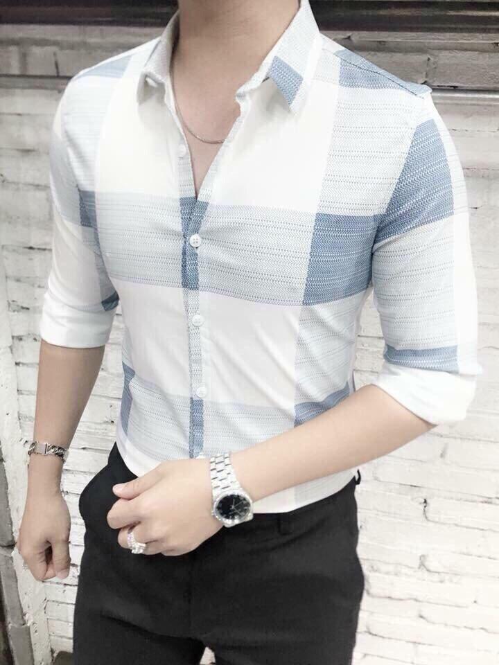 Kman_Áo sơ mi lụa phối sọc kẻ cao cấp 037