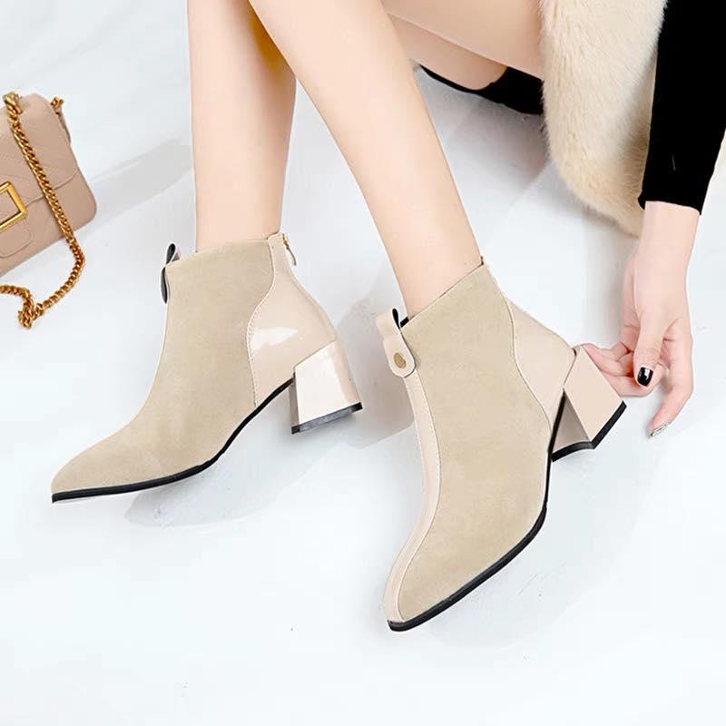 Giày Bốt Nữ Da Lộn Khóa Sau Gót Vuông Cao 5cm