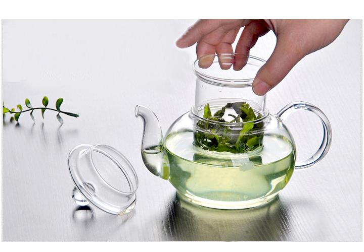 Bộ ấm chén pha trà thủy tinh chịu nhiệt đế tròn và khay trà