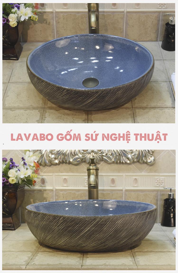 Chậu rửa lavabo gốm sứ nghệ thuật cao cấp tráng men xanh