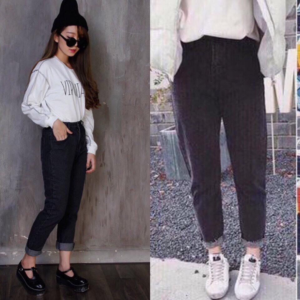 Quần jean nữ baggy 9 tấc xám trơn
