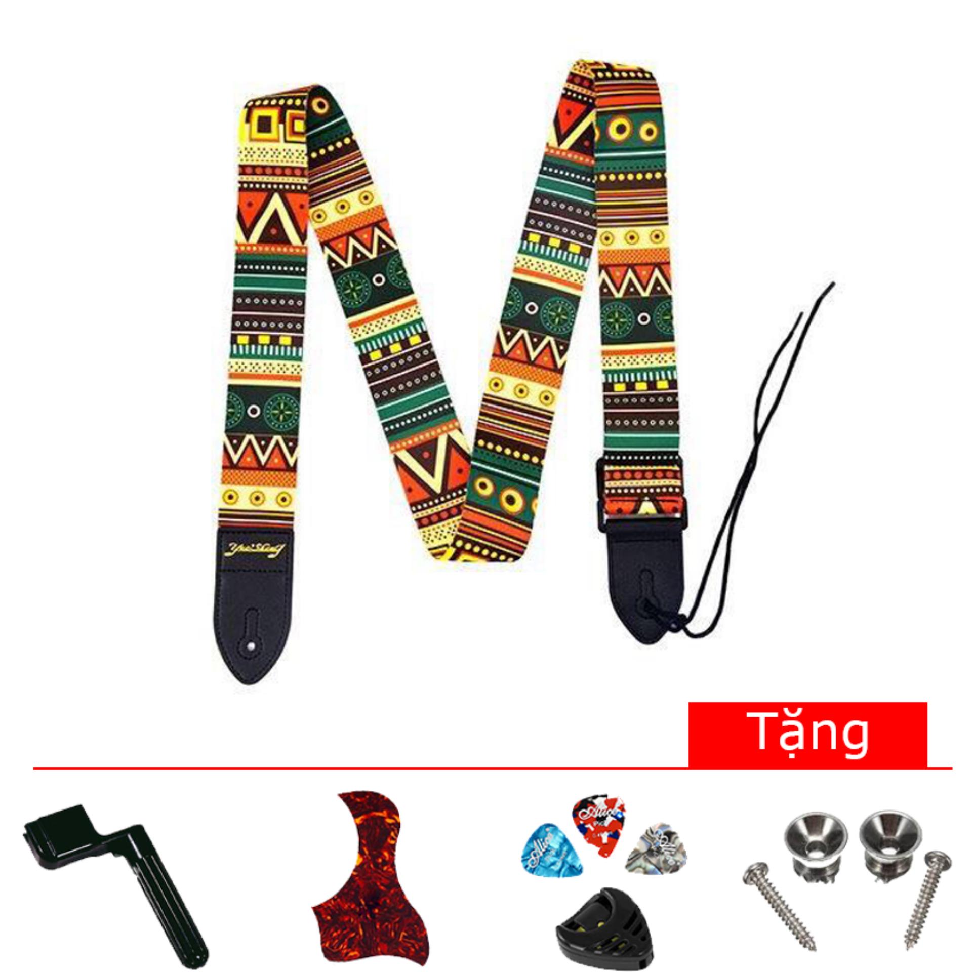 Dây đeo đàn guitar thổ cẩm (tặng pick, hộp pick, dán chống xước, tay quay lên dây đàn, 2 bộ đinh chốt)
