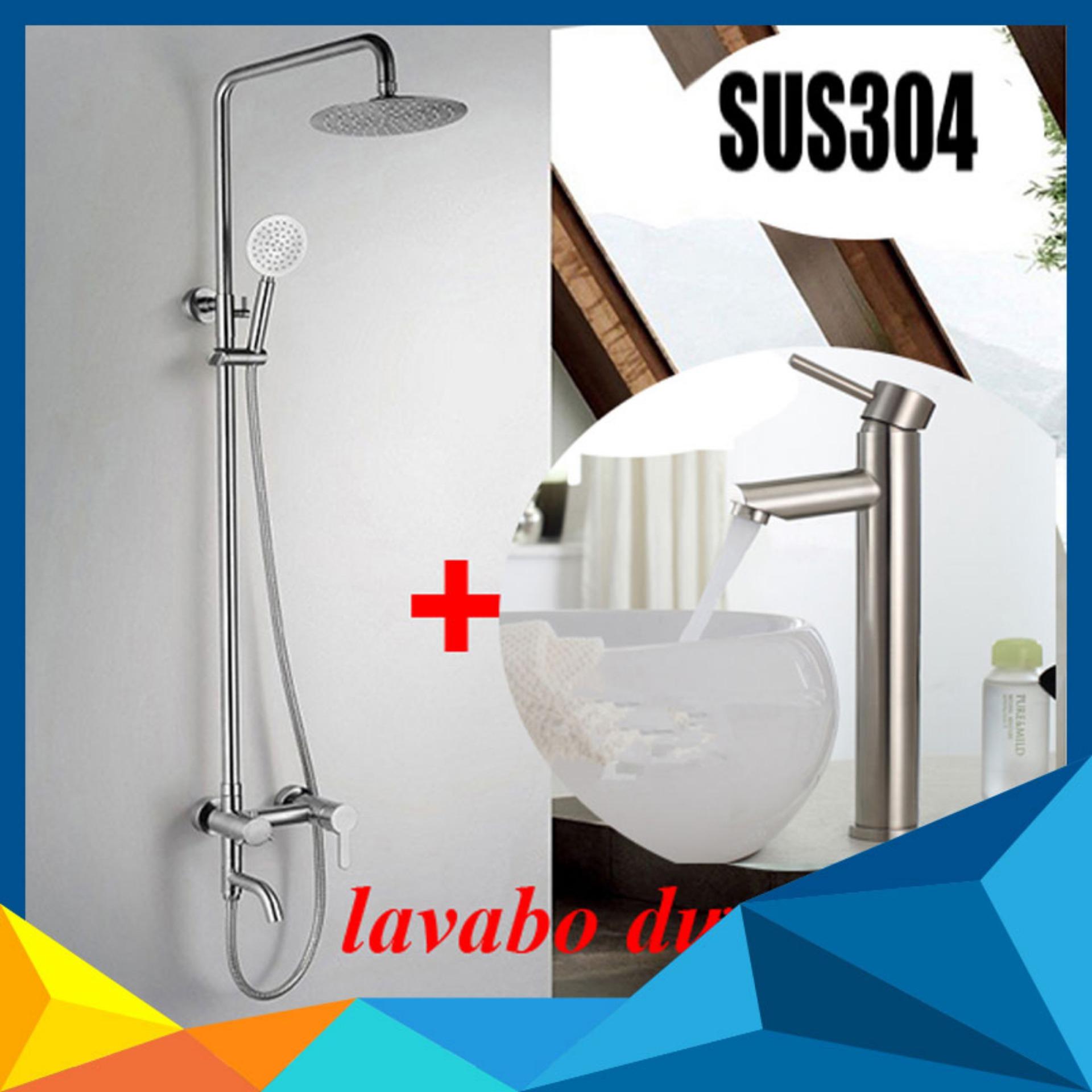 Bộ sen cây tắm nóng lạnh Inox SUS304 tròn ngang 3011+ Lavabo 5015