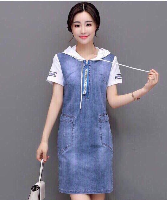 [HCM]Đầm suông jean phối nón