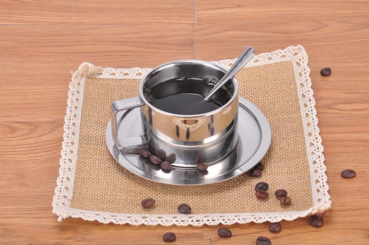 Combo cốc uống coffe giữ nhiệt bằng 2 lớp inox 304, combo gồm cốc + đĩa + thìa