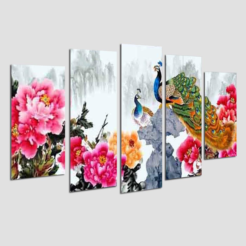 [Sale] Tranh Treo Tường Chim công MD907620- Tranh treo phòng ngủ 3D [5 tấm rộng 1,5m cao 0,9m] SuperDecor