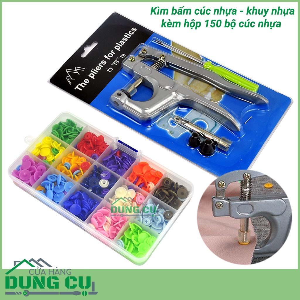 Kìm bấm cúc nhựa, khuy nhựa kèm hộp 150 bộ cúc