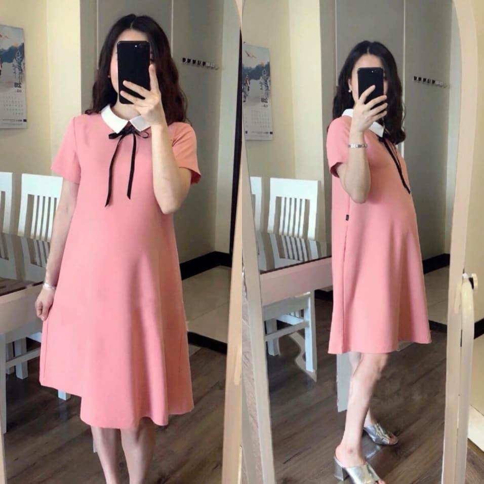 đầm bầu suông hồng cổ sen