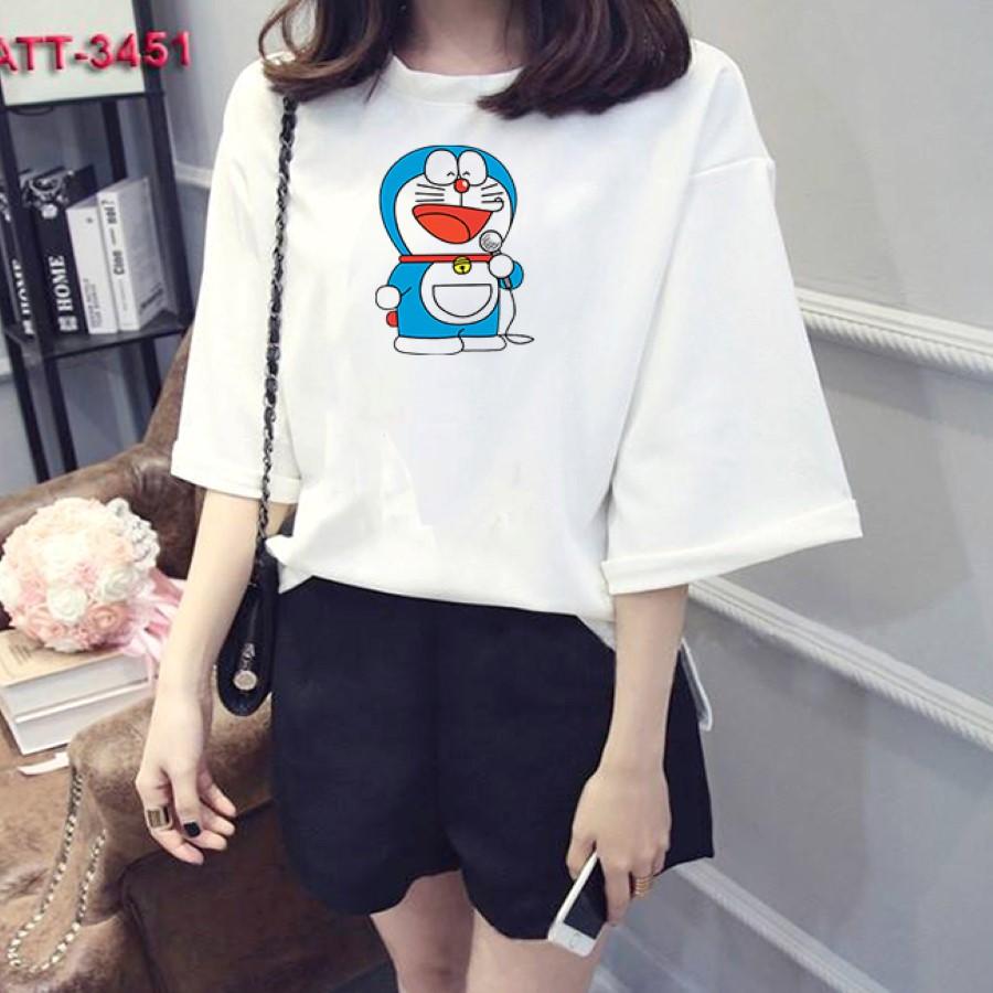 Áo thun tay lỡ form rộng nữ Hàn Quốc in hình doraemon tập hát Hàn Quốc vải dày mịn SEOUTL15