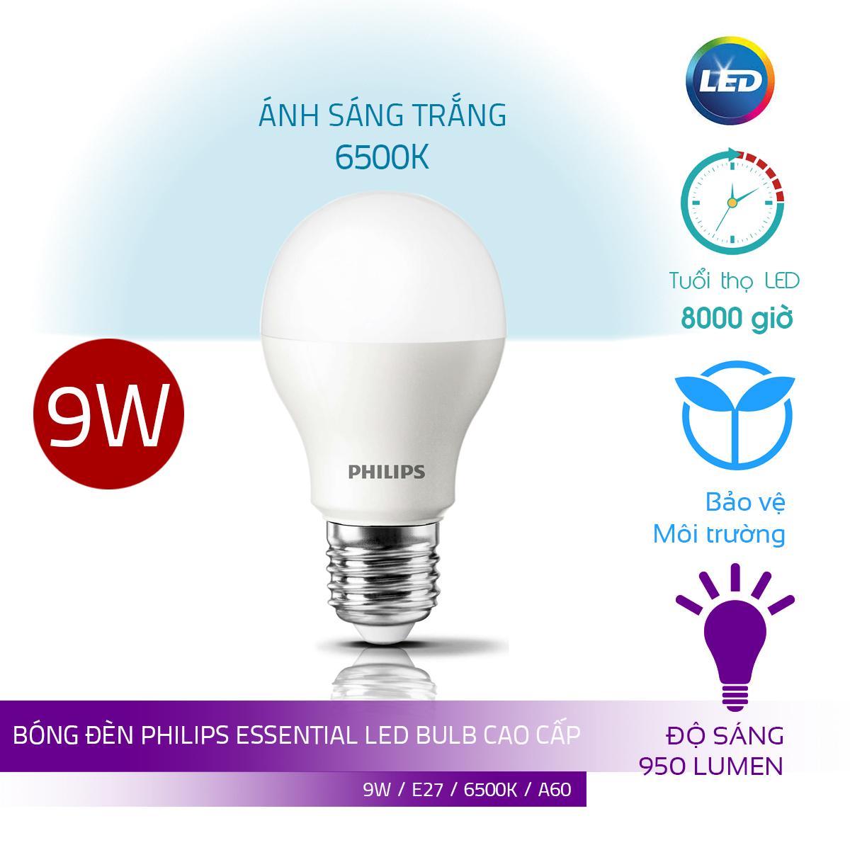 Bóng Philips LED Bulb Essential 9W E27 ( Ánh sáng trắng 6500K)