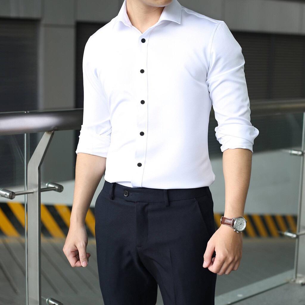 Áo sơ mi nam Trắng Cúc Đen Vải Trượt Cao cấp(Sơ Mi nam Hàng Mới)