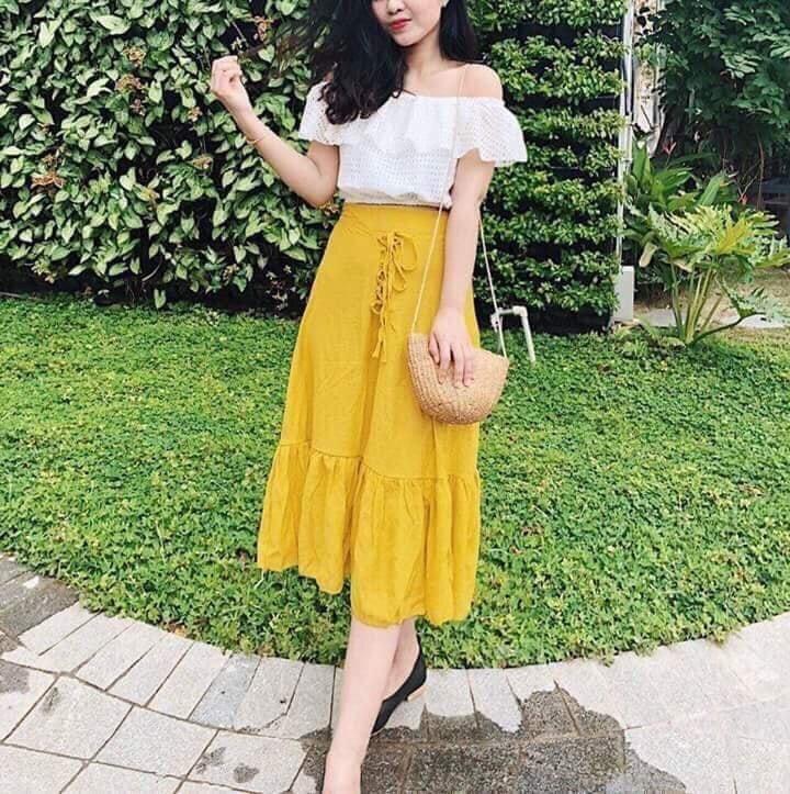 Sét Đầm áo bẹt vai rời + chân váy maxi